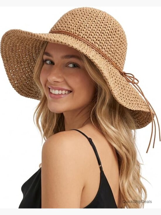 Floppy Wide Brim Straw Sun Hat with Drawstring, Foldable  display picture 1